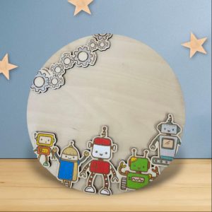 🧸 Plaque prénom personnalisée en bois – Thème robots
