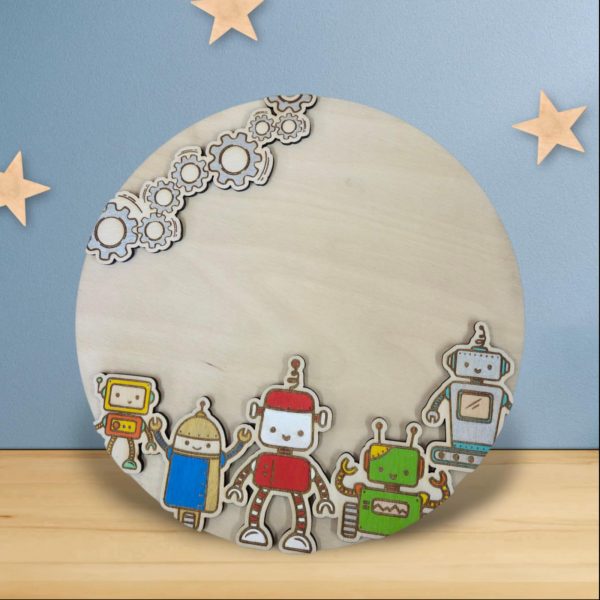 🧸 Plaque prénom personnalisée en bois – Thème robots