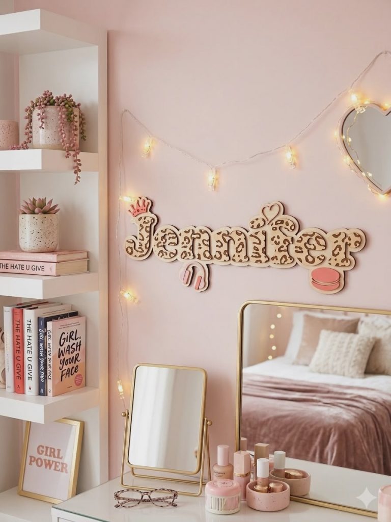 Prénom mural personnalisé en bois thème girly léopard