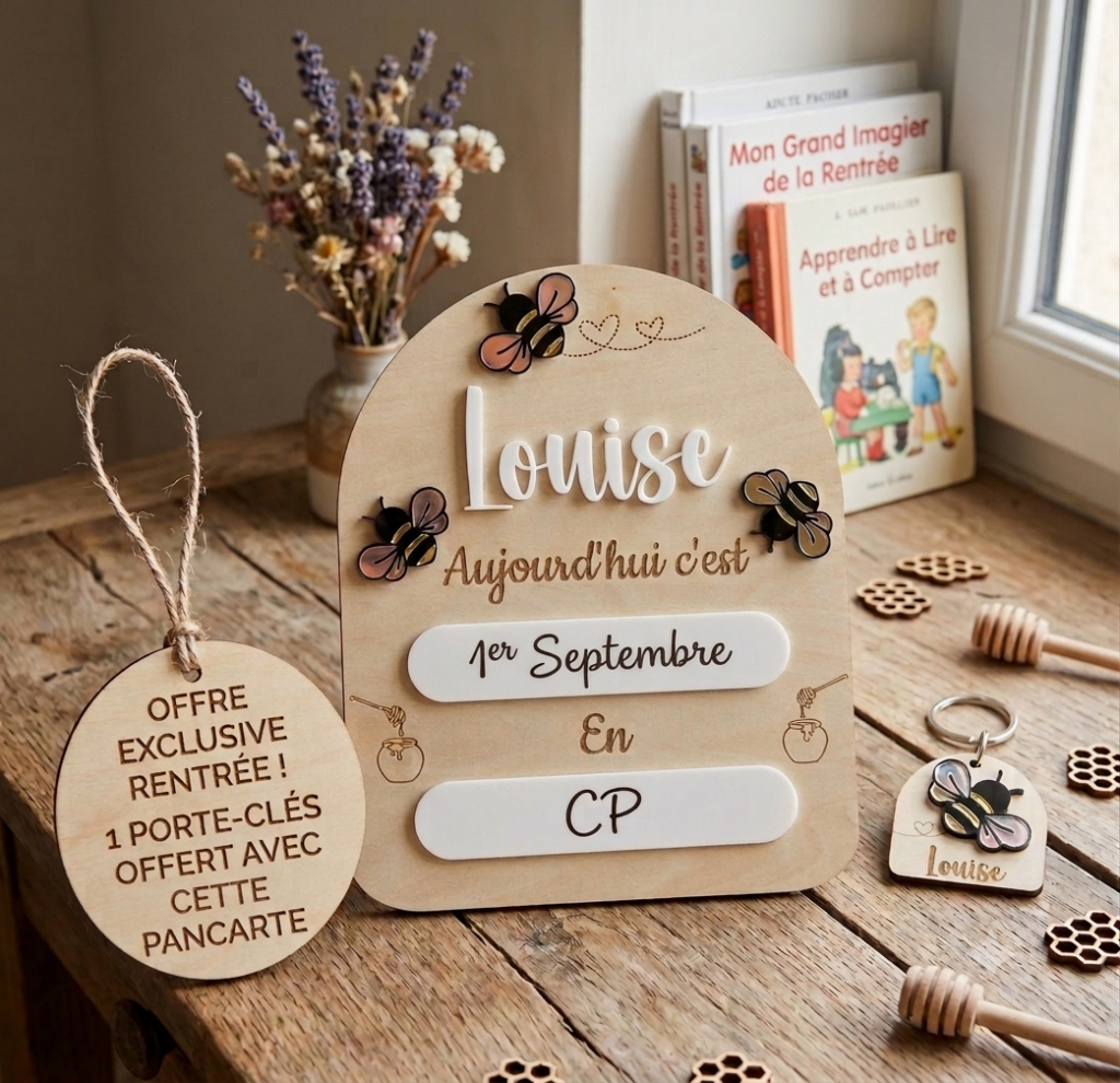 🐝 Pancarte de rentrée scolaire personnalisée en bois "THEME ABEILLE"📚✨