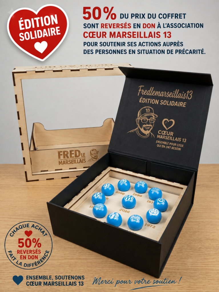 Coffret Collector Fredlemarseillais13 édition solidaire avec 11 cochonnets OM personnalisés - 50 % reversés à l'association Cœur Marseillais 13.
