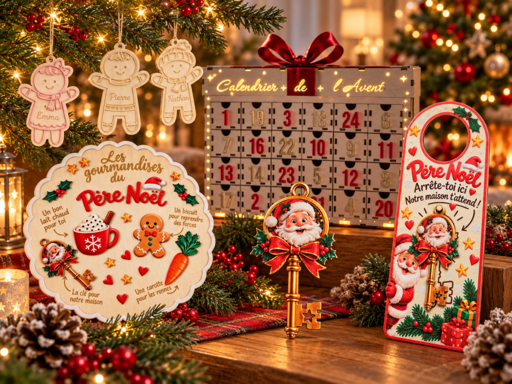 Créations de Noël personnalisées en bois pour enfants et famille : calendrier de l’Avent, accroche-porte Père Noël, plateau gourmandises, clé magique et suspensions prénom.