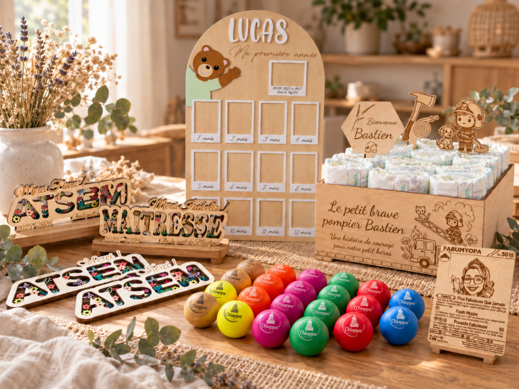 Créations personnalisées Les Créations de J&S : cadeaux enfants, souvenirs en bois et cochonnets colorés.