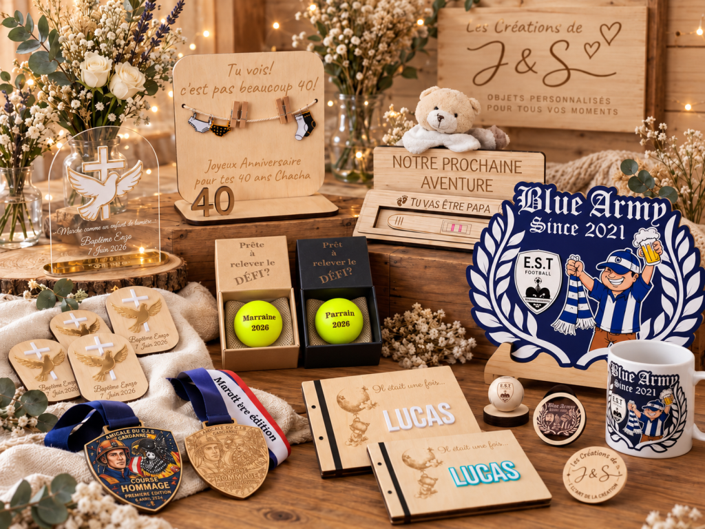 Créations personnalisées pour toute la famille : cadeaux en bois, décoration, naissance, baptême, sport et souvenirs uniques par Les Créations de J&S.